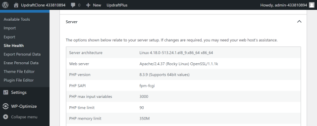 In the 'Site Health' section of the side toolbar, go to 'Server' section to check server details and memory limit