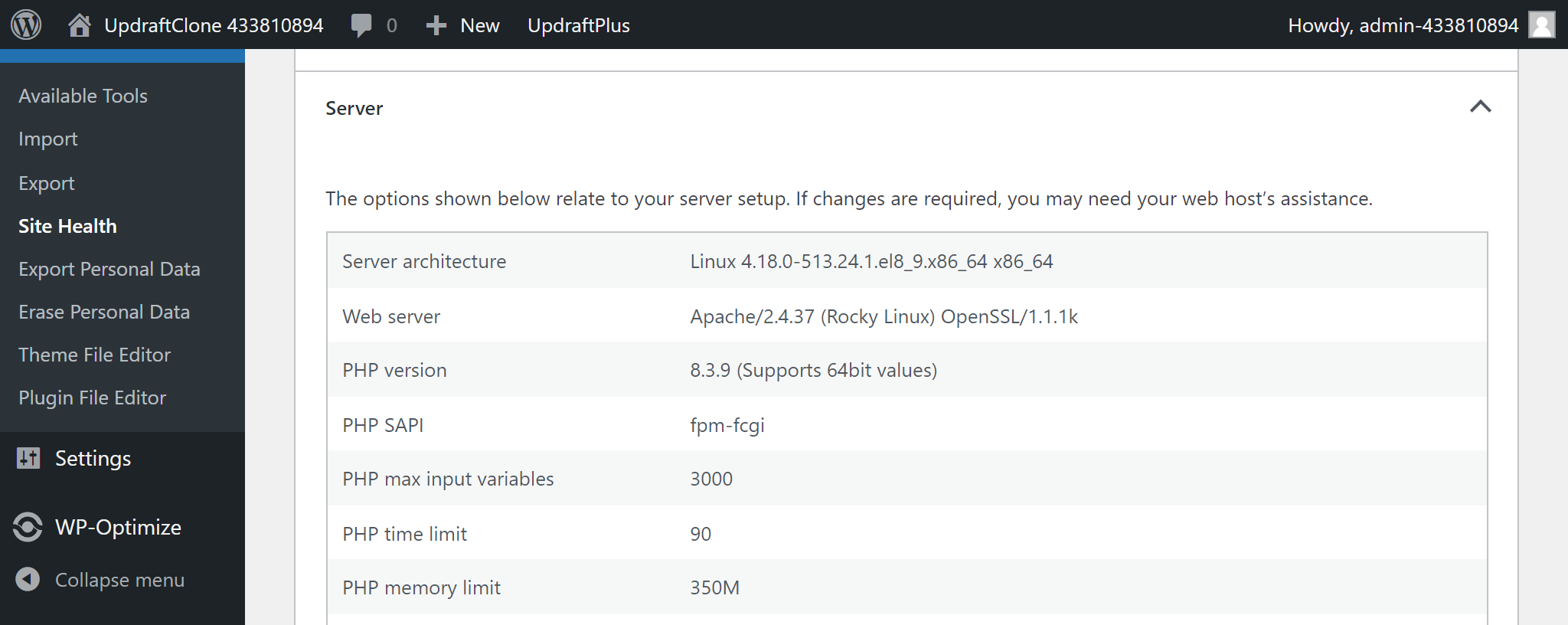 In the 'Site Health' section of the side toolbar, go to 'Server' section to check server details and memory limit