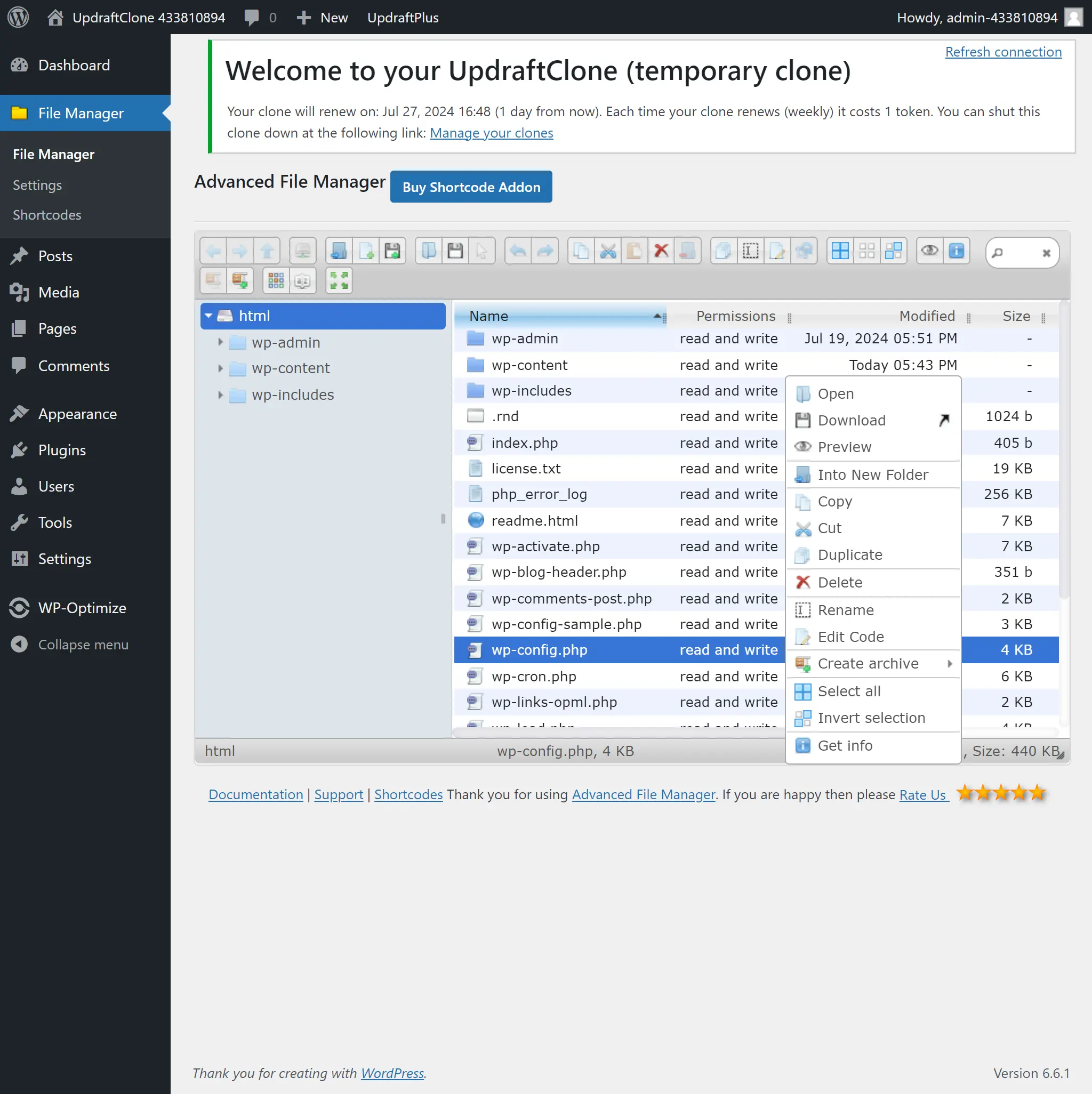Open the wp config file from your computer on the 'Advanced File Manager' page