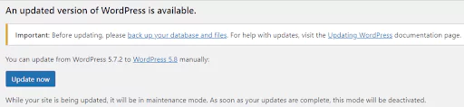 WordPress alert of Updated version available
