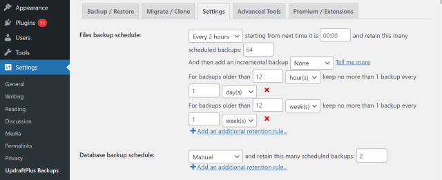 UpdraftPlus scheduling options page