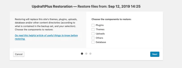 In the UpdraftPlus restoration window you can select components to restore