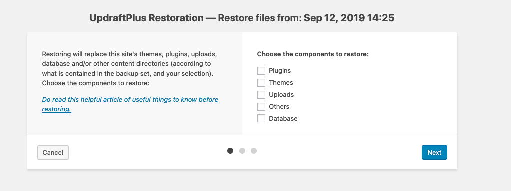 In the UpdraftPlus restoration window you can select components to restore