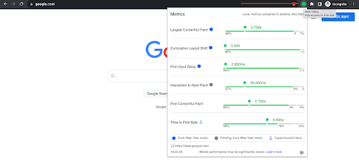 Web vitals chrome extension options and results
