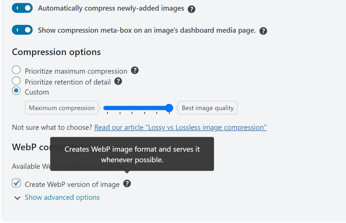 WebP function in WP-Optimize 'Compression options' section