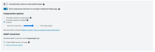 Compression options and WebP conversion options and settings