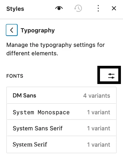 Different available font options in the 'Typography' section, select the the slider icon button to open 'Upload' menu