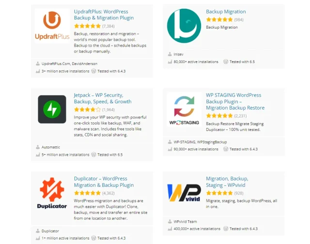 WordPress plugin directory backup plugins list with UpdraftPlus on top