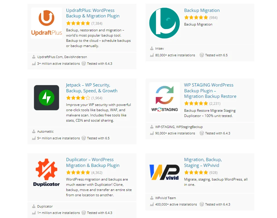 WordPress plugin directory backup plugins list with UpdraftPlus on top