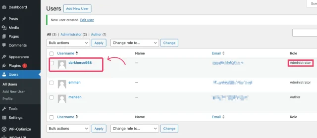 WordPress 'Users' page list and credentials