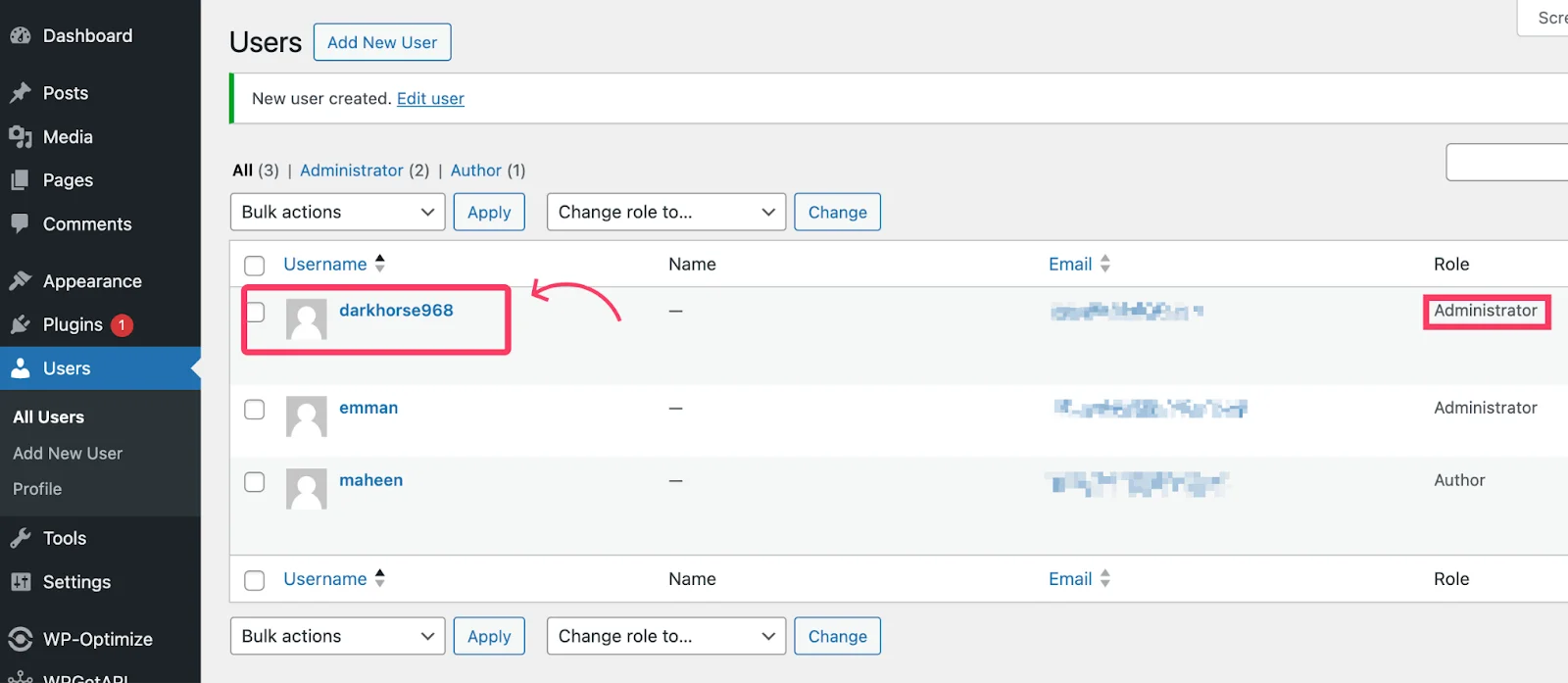 WordPress 'Users' page list and credentials