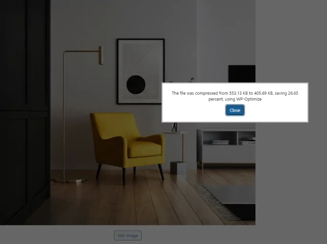 WordPress message about image compression result via image library, it being compressed from 553.13 kb to 405.69 kb