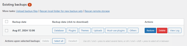 You can find existing backups in 'Existing backups' log page
