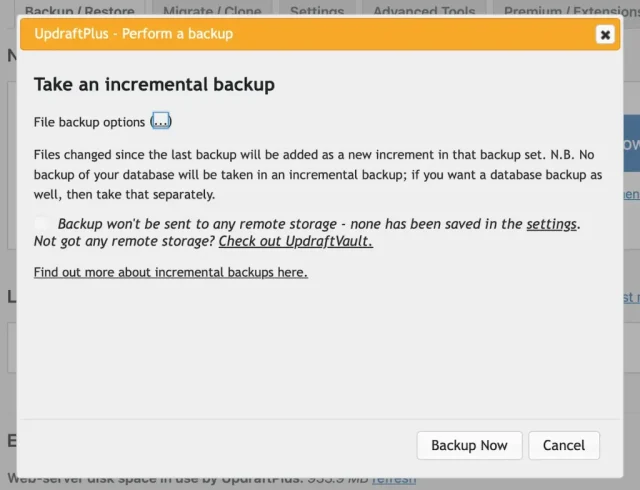 Configuring incremental backups in UpdraftPlus using 'Perform a backup' dialogue
