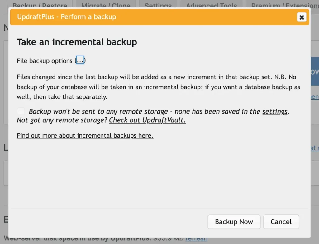 Configuring incremental backups in UpdraftPlus using 'Perform a backup' dialogue