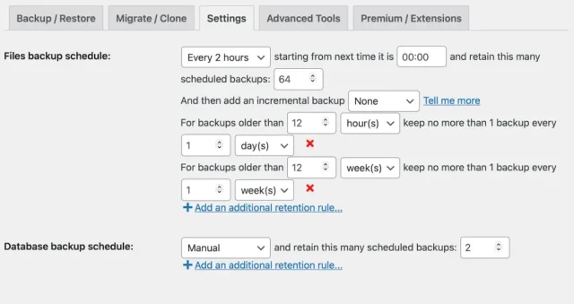 Configuring scheduled backups in UpdraftPlus 'Settings' tab