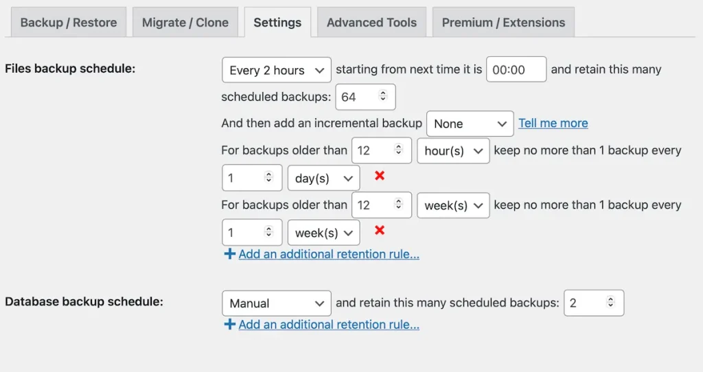 Configuring scheduled backups in UpdraftPlus 'Settings' tab