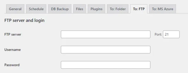 UpdraftPlus 'FTP Server login' page options
