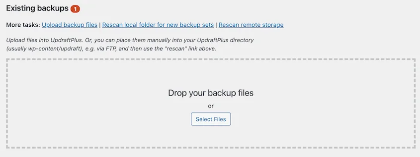 UpdraftPlus Existing backups page option