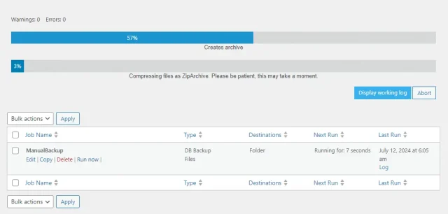 'Create Achieve' progress in UpdraftPlus