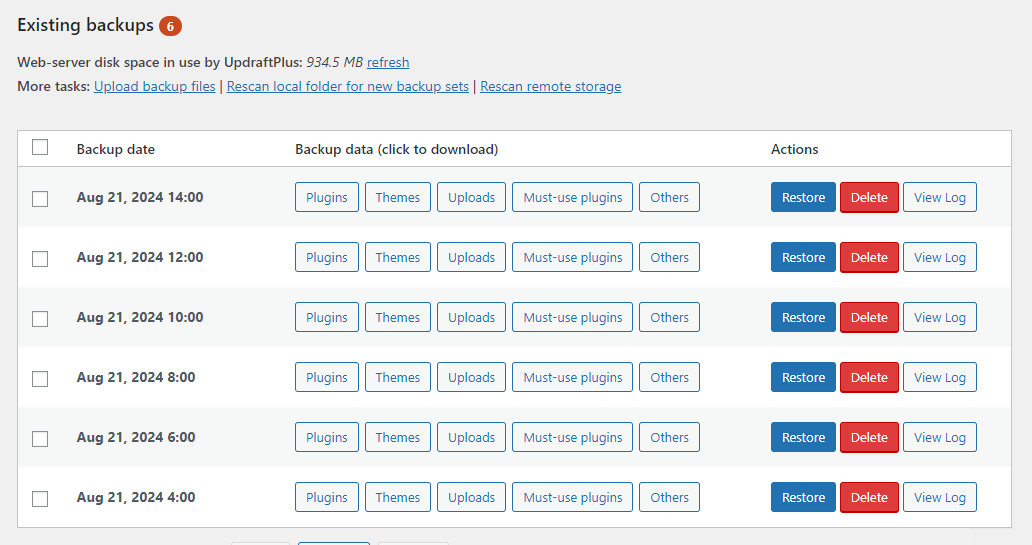 August Existing backup log