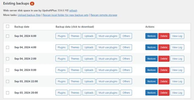UpdraftPlus Existing Backup log