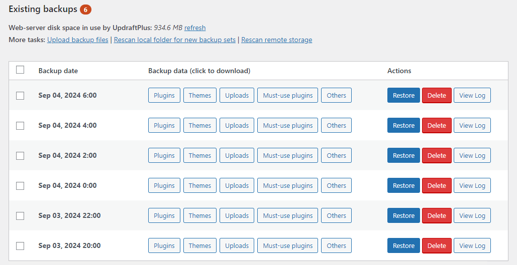 UpdraftPlus Existing Backup log
