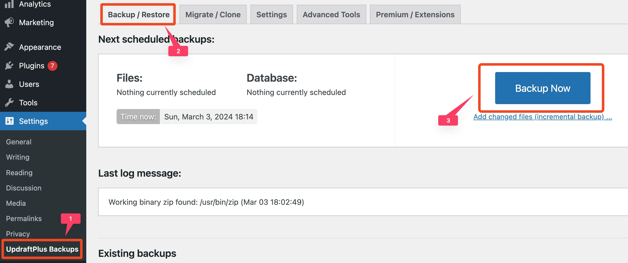1. Go to UpdraftPlus page from WordPress settings menu. 2. Go to 'Backup/Restore' tab. 3. Select the 'Backup now' button