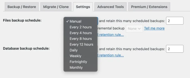 UpdraftPlus 'Files Backup schedule' dropdown