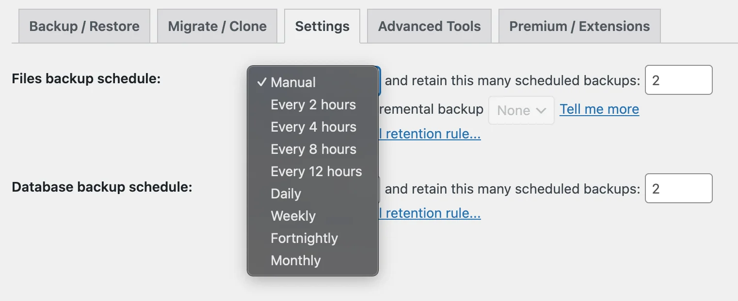 UpdraftPlus 'Files Backup schedule' dropdown