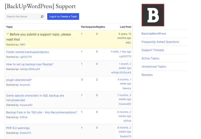 Backup WordPress support forum