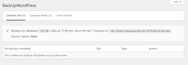 BackupWordPress database daily completed backup page