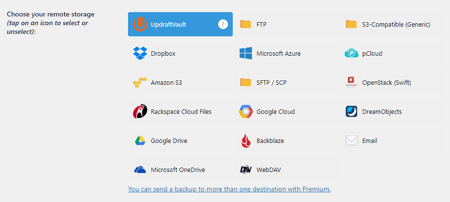 Select UpdraftVault in the 'Choose your remote storage' section