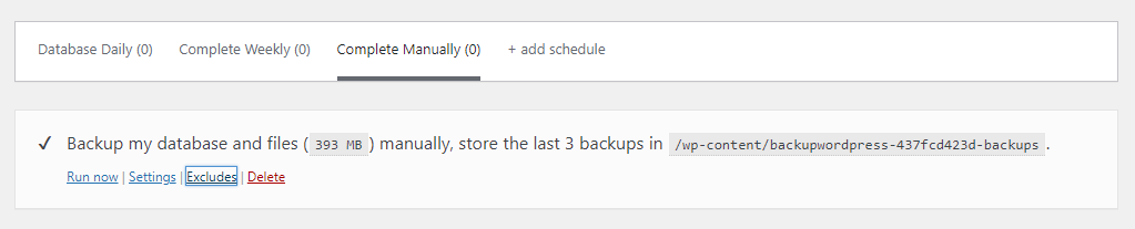 BackUpWordPress Complete backup manually page