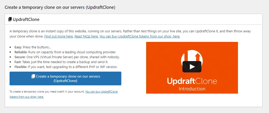 UpdraftPlus 'Create temporary clone on our servers' option using UpdraftClone