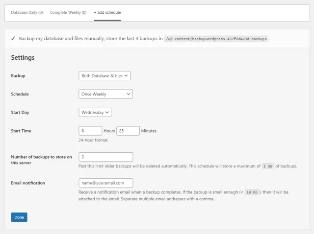 BackUpWordPress '+ add schedule' page settings