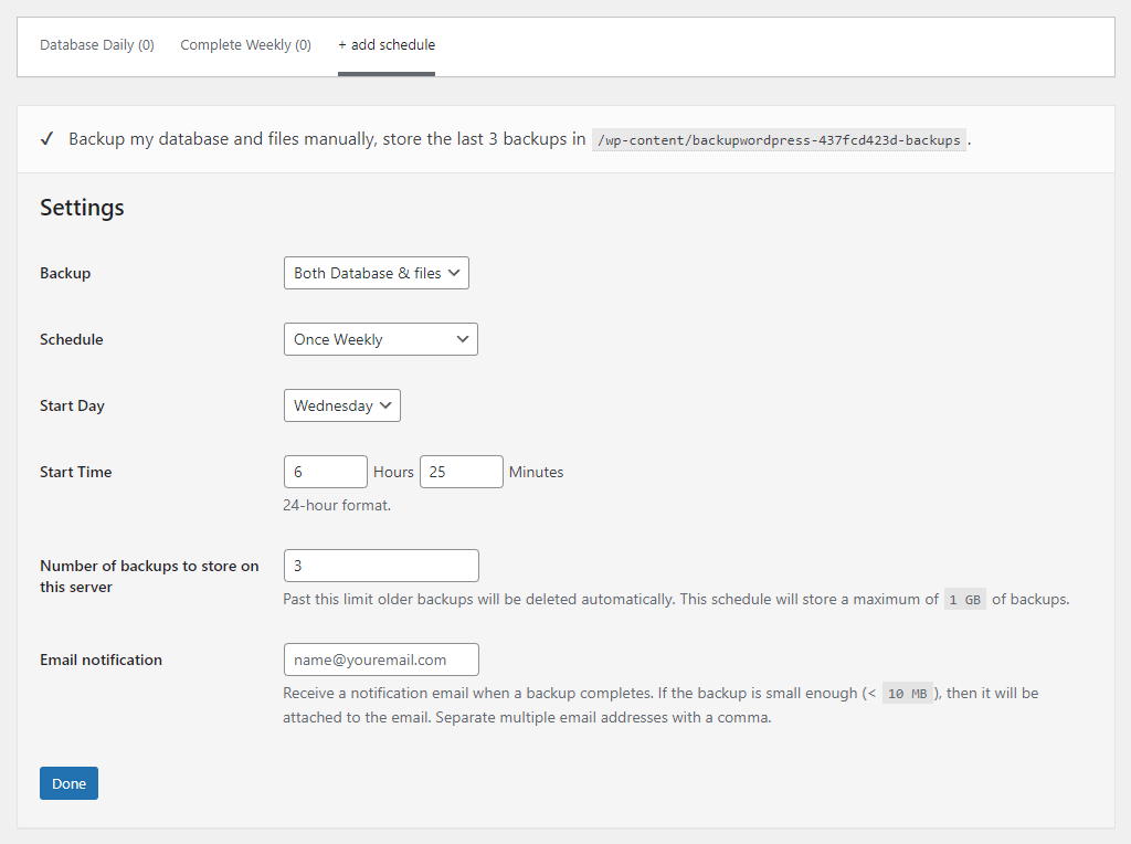 BackUpWordPress '+ add schedule' page settings