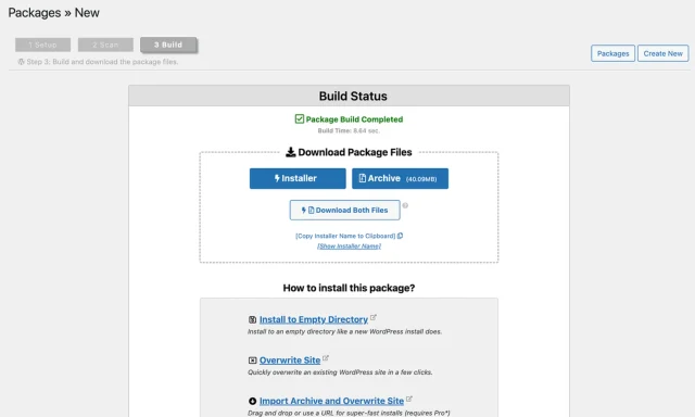 'Download package files' page in duplicator