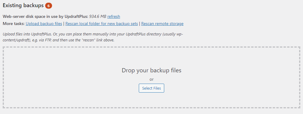 UpdraftPlus Existing backups page option