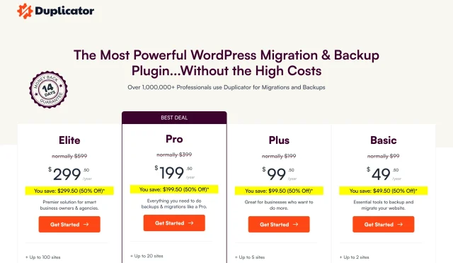 Duplicator pricing page, plans start at $49 and there is no free version