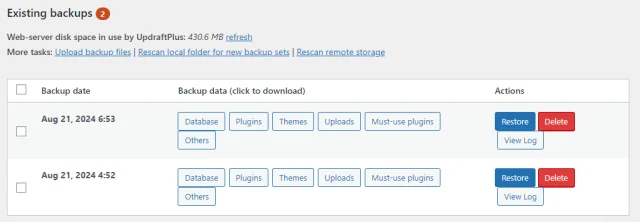 Existing backup log