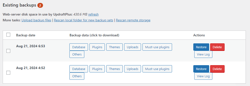 Existing backup log