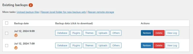 UpdraftPlus Existing backups log