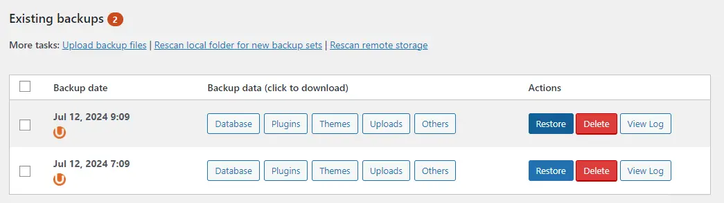 UpdraftPlus Existing backups log