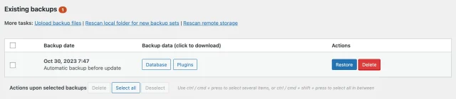 Existing backups log in UpdraftPlus