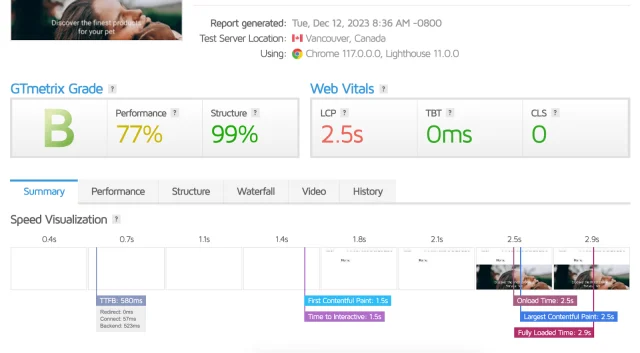 GTmetrix score 'B' summary