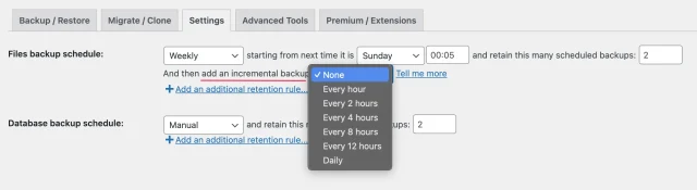 select Incremental backup options in UpdraftPlus 'Settings' tab 'Files backup schedule' dropdown