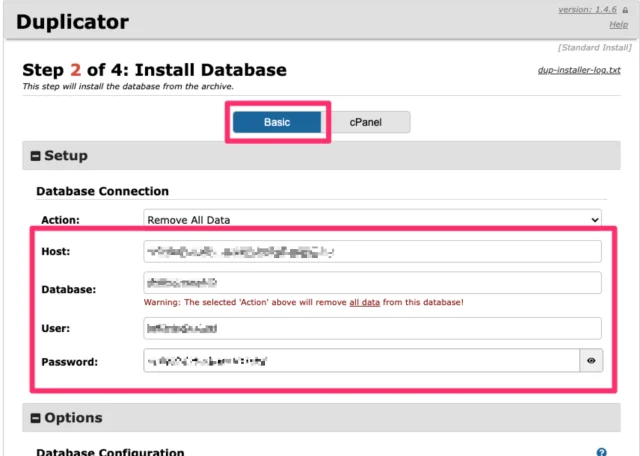 Duplicator install Database by selecting 'Basic' then adding setup credentials