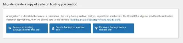 UpdraftPlus 'Migrate' page options