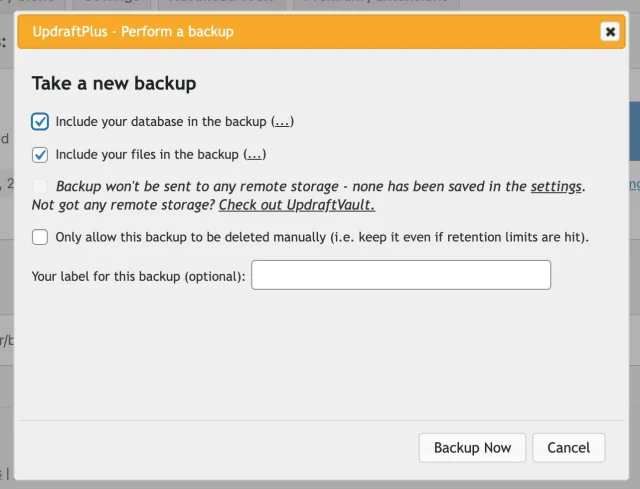 'Perform a new backup' dialogue in UpdraftPlus